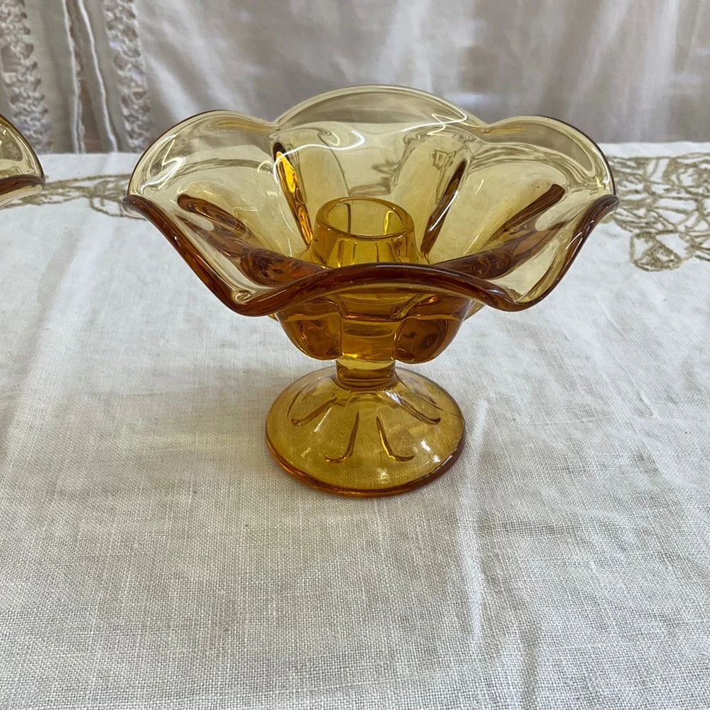 Vintage 2 Viking Amber Glass‎ Ruffled Flower Candle Holders MCM Honey Gold
